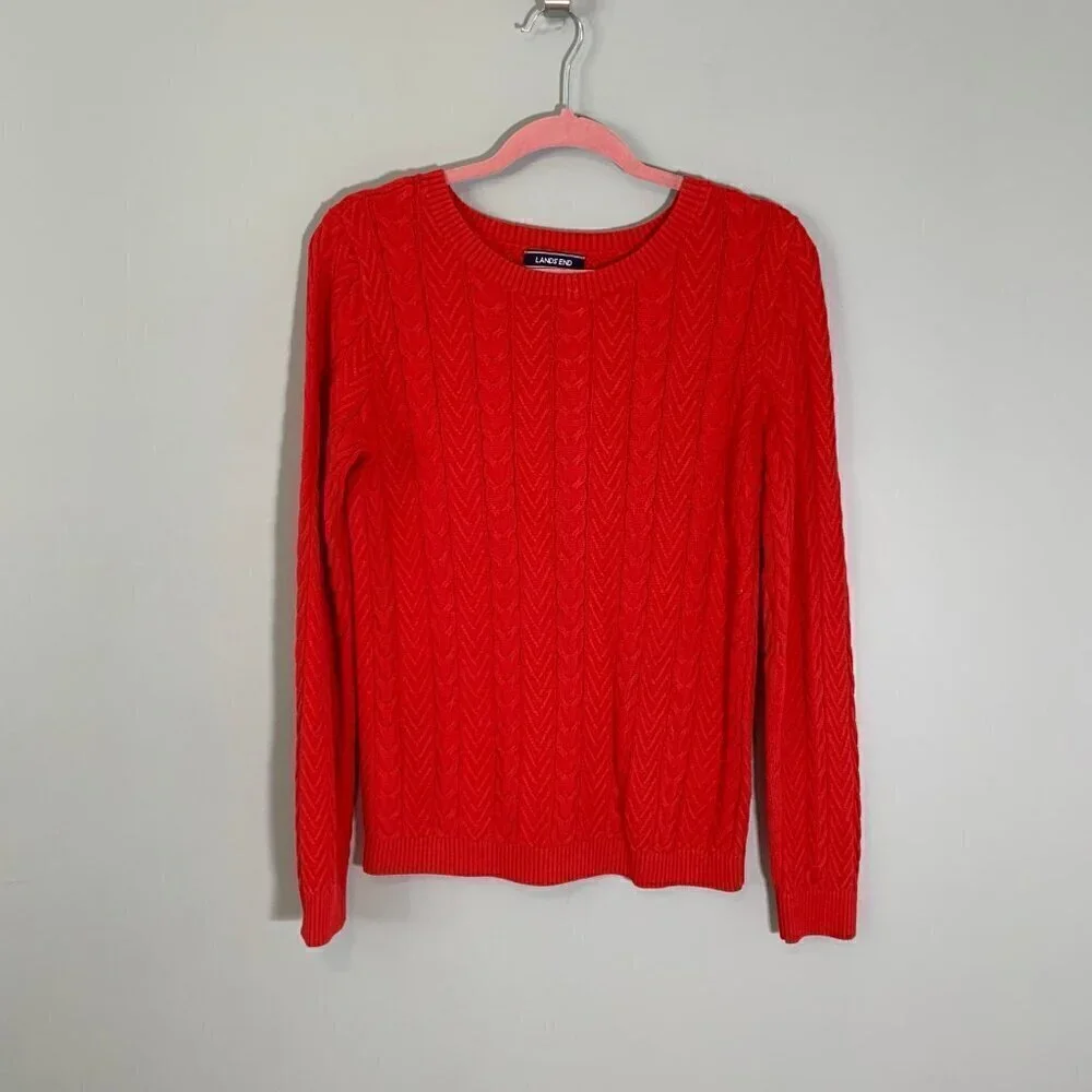 Lands' End Womens‎ Red Cotton Cable Knit Crewneck Sweater Size Small 6-8